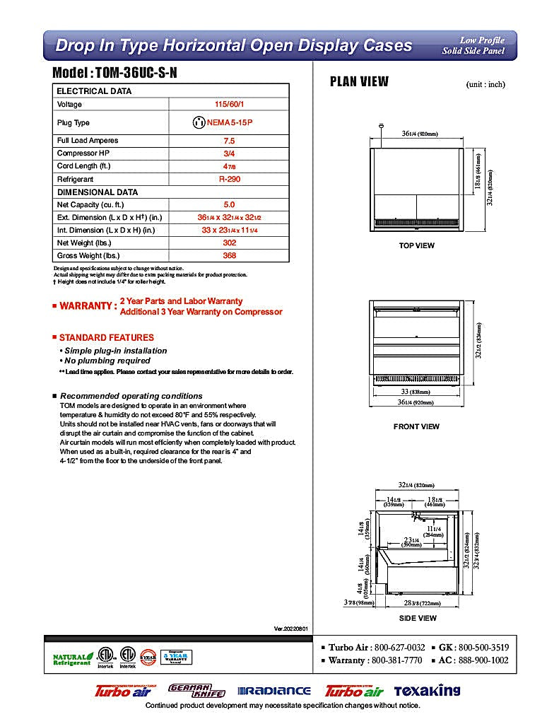 Turbo Air TOM-36UC-S-N 36 1/4" Drop-In Horizontal Open Air Cooler w/ (1) Level – Stainless Steel Exterior, 115v - Donut-Equipment.com