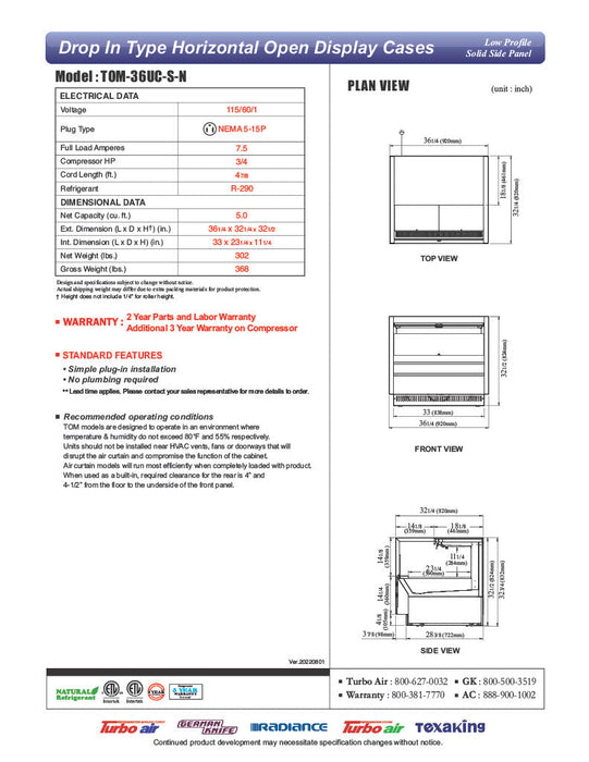Turbo Air TOM-36UC-S-N 36 1/4" Drop-In Horizontal Open Air Cooler w/ (1) Level – Stainless Steel Exterior, 115v - Bakery Wholesalers