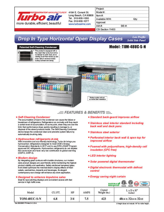 Turbo Air TOM-48UC-S-N 48 1/4" Drop-In Horizontal Open Air Cooler w/ (1) Level – Stainless Steel Exterior, 115v - Bakery Wholesalers