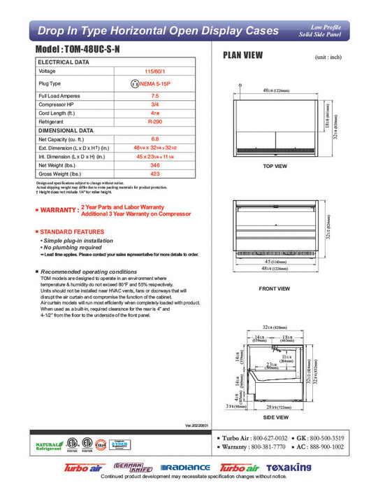 Turbo Air TOM-48UC-S-N 48 1/4" Drop-In Horizontal Open Air Cooler w/ (1) Level – Stainless Steel Exterior, 115v - Bakery Wholesalers