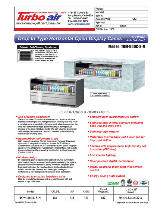 Turbo Air TOM-60UC-S-N 60 1/4" Drop-In Horizontal Open Air Cooler w/ (1) Level – Stainless Steel Exterior, 115v - Bakery Wholesalers