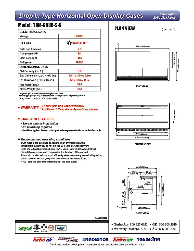 Turbo Air TOM-60UC-S-N 60 1/4" Drop-In Horizontal Open Air Cooler w/ (1) Level – Stainless Steel Exterior, 115v - Donut-Equipment.com