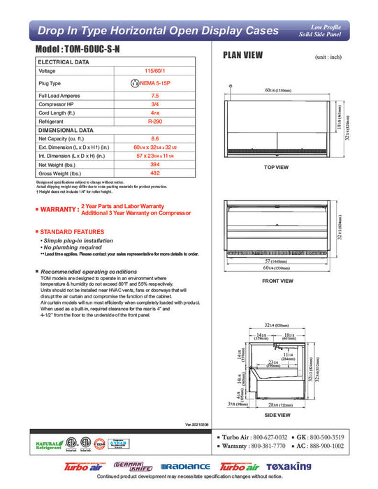 Turbo Air TOM-60UC-S-N 60 1/4" Drop-In Horizontal Open Air Cooler w/ (1) Level – Stainless Steel Exterior, 115v - Bakery Wholesalers