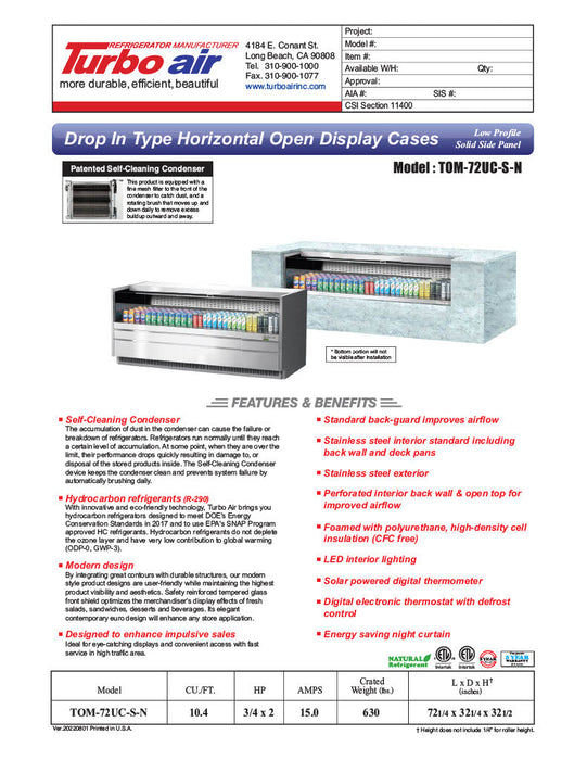 Turbo Air TOM-72UC-S-N 72 1/4" Drop-In Horizontal Open Air Cooler w/ (1) Level – Stainless Steel Exterior, 115v - Bakery Wholesalers