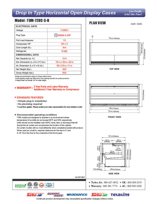 Turbo Air TOM-72UC-S-N 72 1/4" Drop-In Horizontal Open Air Cooler w/ (1) Level – Stainless Steel Exterior, 115v - Bakery Wholesalers