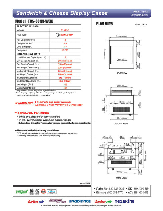Turbo Air TOS-30NN-B 30" Black Horizontal Open Display Merchandiser / Air Curtain Sandwich and Cheese Display Case – 1 Level, 115v - Bakery Wholesalers