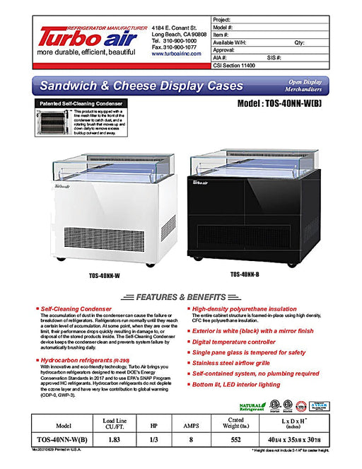 Turbo Air TOS-40NN-W 40" White Horizontal Open Display Merchandiser / Air Curtain Sandwich and Cheese Display Case – 1 Level, 115v - Donut-Equipment.com