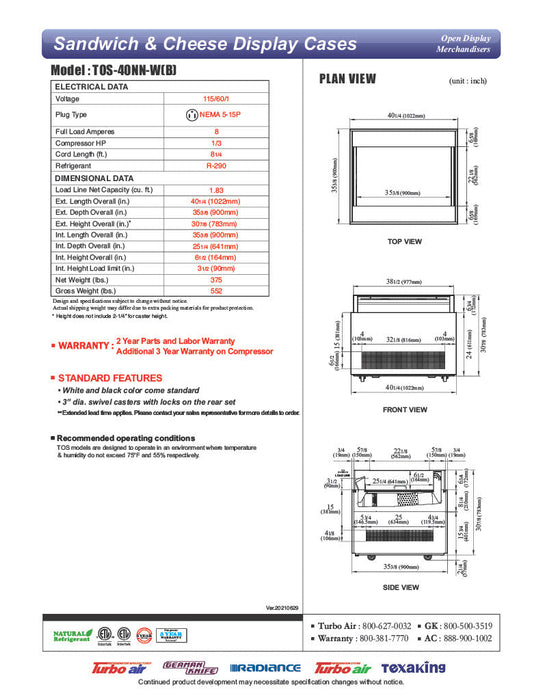 Turbo Air TOS-40NN-W 40" White Horizontal Open Display Merchandiser / Air Curtain Sandwich and Cheese Display Case – 1 Level, 115v - Bakery Wholesalers