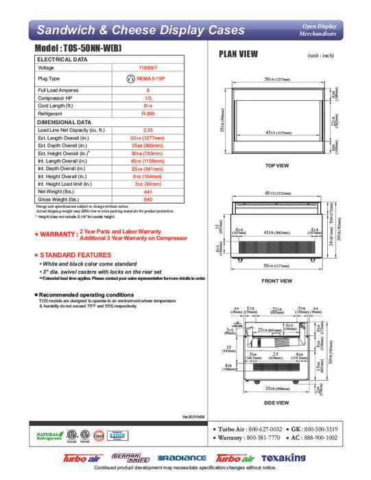 Turbo Air TOS-50NN-W 50" White Horizontal Open Display Merchandiser / Air Curtain Sandwich and Cheese Display Case – 1 Level, 115v - Bakery Wholesalers