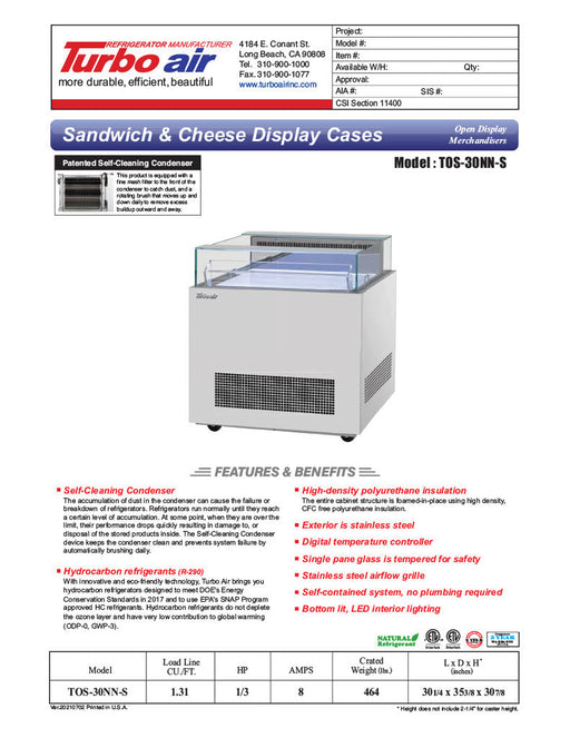 Turbo Air TOS-30NN-S 30 1/4" Stainless Steel Horizontal Open Display Merchandiser / Air Curtain Sandwich and Cheese Display Case – 1 Level, 115v - Bakery Wholesalers