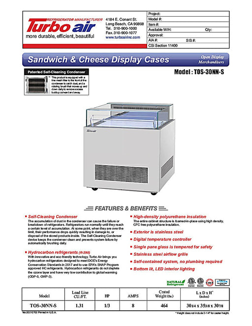 Turbo Air TOS-30NN-S 30 1/4" Stainless Steel Horizontal Open Display Merchandiser / Air Curtain Sandwich and Cheese Display Case – 1 Level, 115v - Donut-Equipment.com
