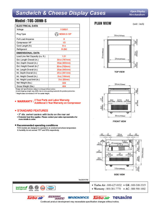 Turbo Air TOS-30NN-S 30 1/4" Stainless Steel Horizontal Open Display Merchandiser / Air Curtain Sandwich and Cheese Display Case – 1 Level, 115v - Bakery Wholesalers