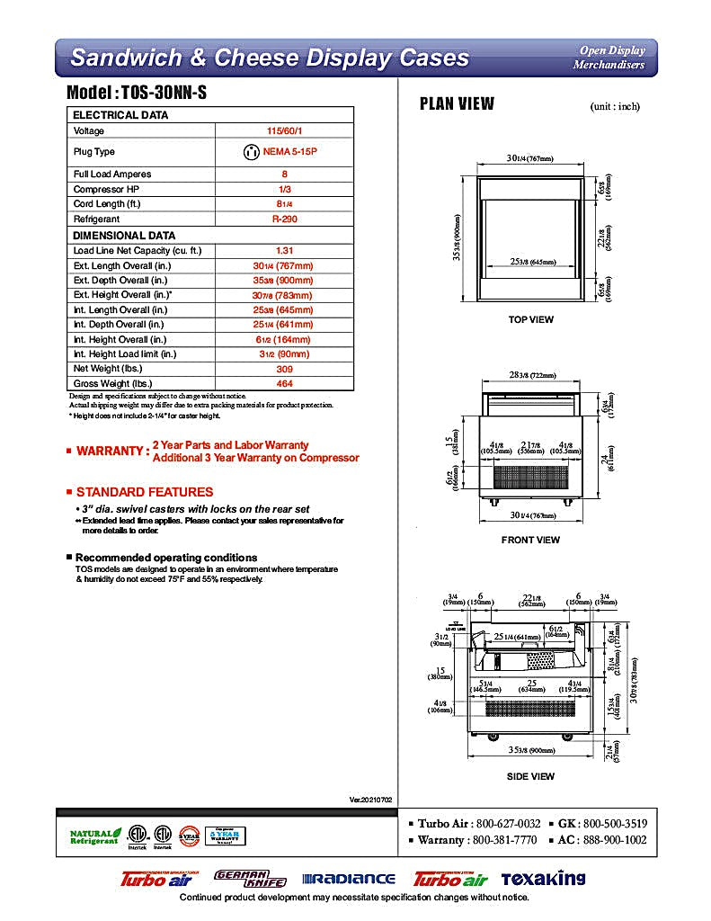 Turbo Air TOS-30NN-S 30 1/4" Stainless Steel Horizontal Open Display Merchandiser / Air Curtain Sandwich and Cheese Display Case – 1 Level, 115v - Donut-Equipment.com