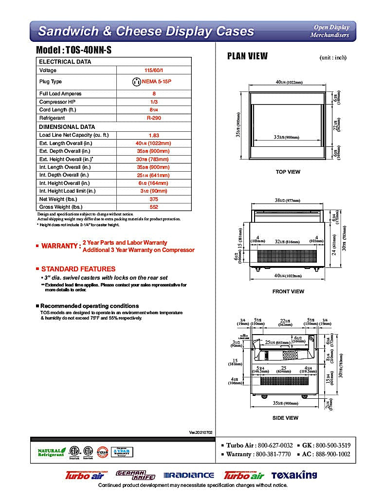 Turbo Air TOS-40NN-S 40 1/4" Stainless Steel Horizontal Open Display Merchandiser / Air Curtain Sandwich and Cheese Display Case – 1 Level, 115v - Donut-Equipment.com