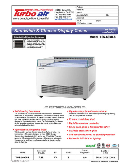 Turbo Air TOS-50NN-S 50 1/4" Stainless Steel Horizontal Open Display Merchandiser / Air Curtain Sandwich and Cheese Display Case – 1 Level, 115v - Bakery Wholesalers