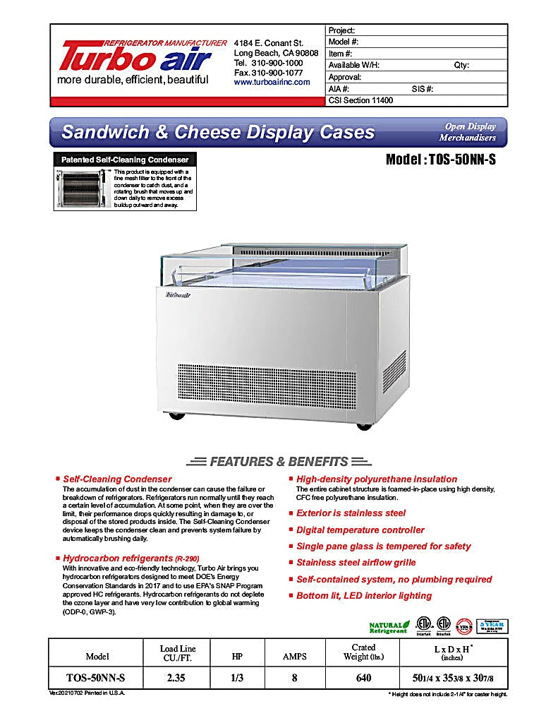 Turbo Air TOS-50NN-S 50 1/4" Stainless Steel Horizontal Open Display Merchandiser / Air Curtain Sandwich and Cheese Display Case – 1 Level, 115v - Donut-Equipment.com