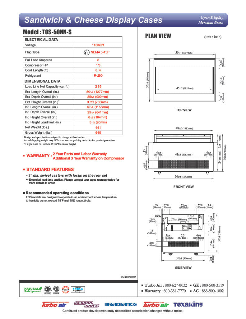Turbo Air TOS-50NN-S 50 1/4" Stainless Steel Horizontal Open Display Merchandiser / Air Curtain Sandwich and Cheese Display Case – 1 Level, 115v - Donut-Equipment.com