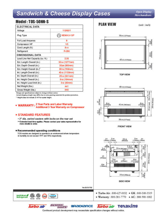 Turbo Air TOS-50NN-S 50 1/4" Stainless Steel Horizontal Open Display Merchandiser / Air Curtain Sandwich and Cheese Display Case – 1 Level, 115v - Bakery Wholesalers
