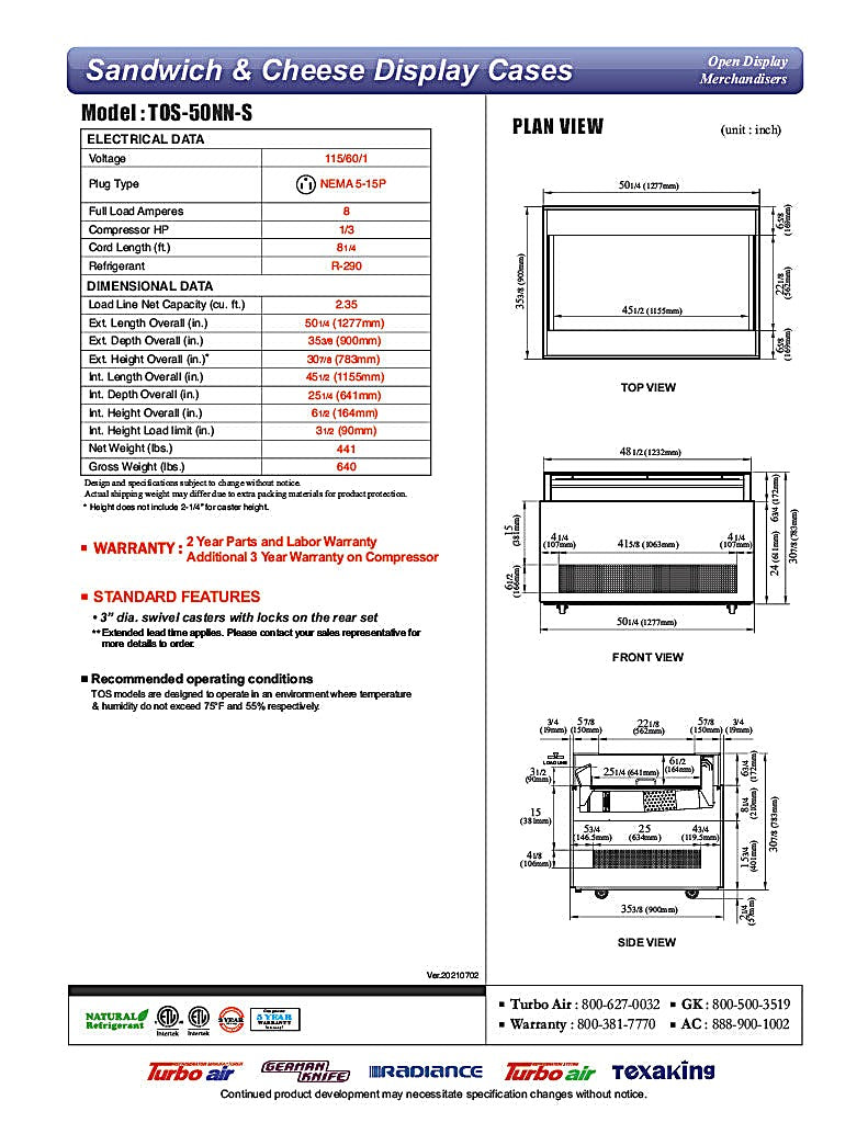 Turbo Air TOS-50NN-S 50 1/4" Stainless Steel Horizontal Open Display Merchandiser / Air Curtain Sandwich and Cheese Display Case – 1 Level, 115v - Donut-Equipment.com