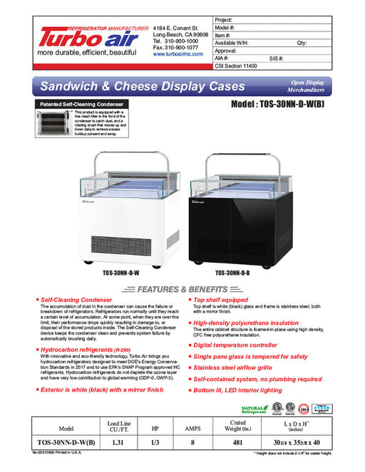 Turbo Air TOS-30NN-D-W 30 1/4" White Horizontal Open Display Merchandiser / Air Curtain Sandwich and Cheese Display Case – 1 Level, 115v - Bakery Wholesalers
