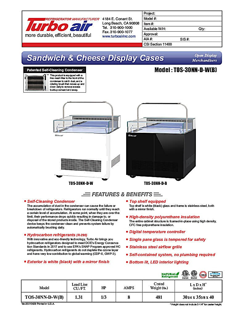 Turbo Air TOS-30NN-D-W 30 1/4" White Horizontal Open Display Merchandiser / Air Curtain Sandwich and Cheese Display Case – 1 Level, 115v - Donut-Equipment.com