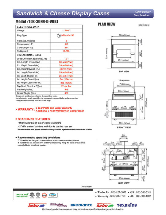 Turbo Air TOS-30NN-D-W 30 1/4" White Horizontal Open Display Merchandiser / Air Curtain Sandwich and Cheese Display Case – 1 Level, 115v - Bakery Wholesalers