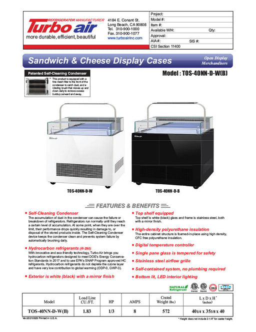 Turbo Air TOS-40NN-D-W 40 1/4" White Horizontal Open Display Merchandiser / Air Curtain Sandwich and Cheese Display Case – 1 Level with Top Shelf, 115v - Bakery Wholesalers