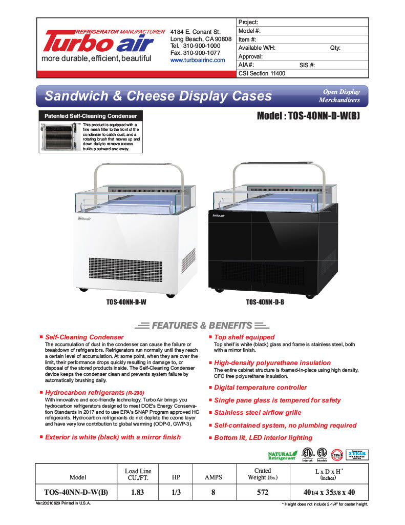 Turbo Air TOS-40NN-D-W 40 1/4" White Horizontal Open Display Merchandiser / Air Curtain Sandwich and Cheese Display Case – 1 Level with Top Shelf, 115v - Donut-Equipment.com