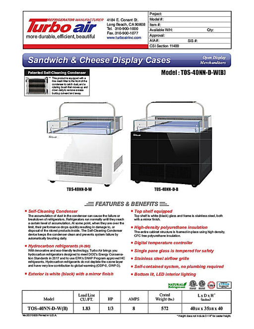 Turbo Air TOS-40NN-D-W 40 1/4" White Horizontal Open Display Merchandiser / Air Curtain Sandwich and Cheese Display Case – 1 Level with Top Shelf, 115v - Donut-Equipment.com