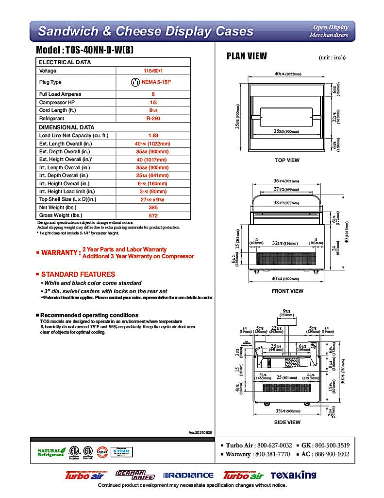 Turbo Air TOS-40NN-D-W 40 1/4" White Horizontal Open Display Merchandiser / Air Curtain Sandwich and Cheese Display Case – 1 Level with Top Shelf, 115v - Donut-Equipment.com