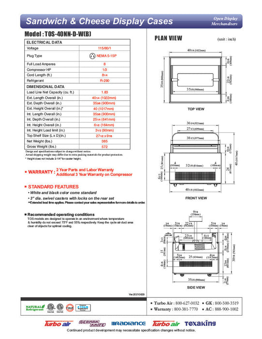 Turbo Air TOS-40NN-D-W 40 1/4" White Horizontal Open Display Merchandiser / Air Curtain Sandwich and Cheese Display Case – 1 Level with Top Shelf, 115v - Bakery Wholesalers