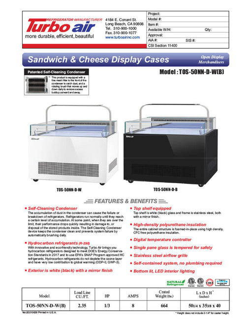 Turbo Air TOS-50NN-D-W 50 1/4" White Horizontal Open Display Merchandiser / Air Curtain Sandwich and Cheese Display Case – 1 Level with Top Shelf, 115v (Copy) - Bakery Wholesalers