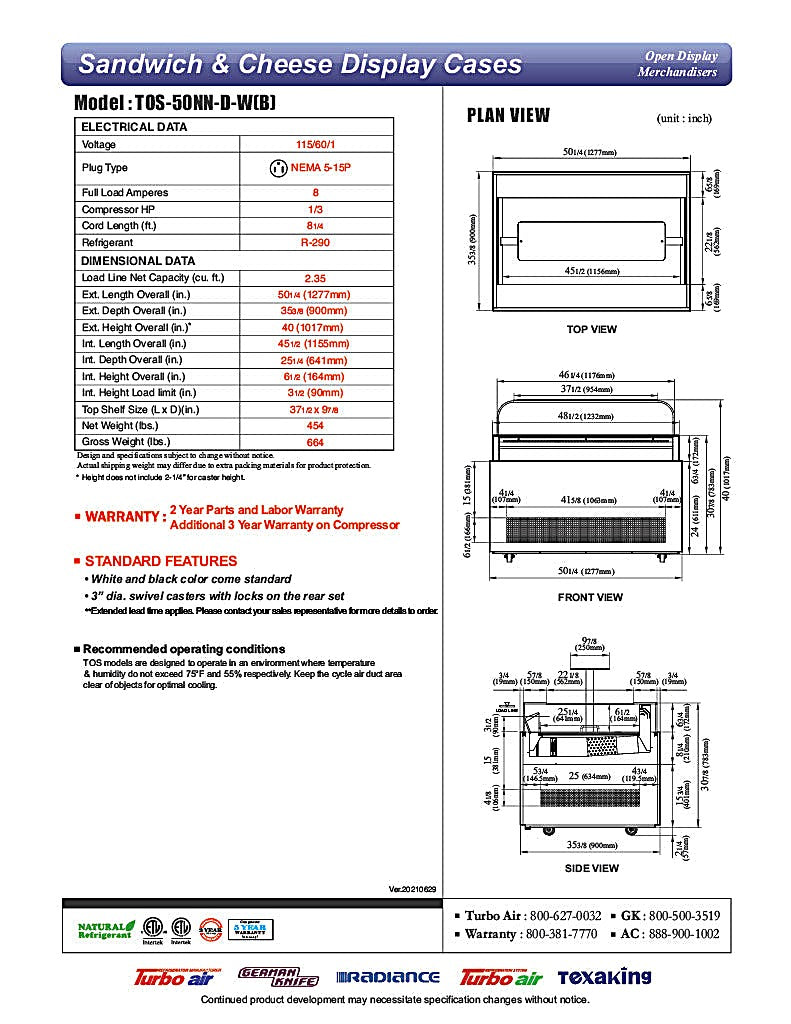 Turbo Air TOS-50NN-D-W 50 1/4" White Horizontal Open Display Merchandiser / Air Curtain Sandwich and Cheese Display Case – 1 Level with Top Shelf, 115v (Copy) - Donut-Equipment.com