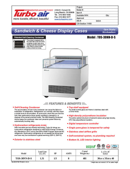 Turbo Air TOS-30NN-D-S 30 1/4" Stainless Steel Horizontal Open Display Merchandiser / Air Curtain Sandwich and Cheese Display Case – 1 Level with Top Shelf, 115v - Bakery Wholesalers