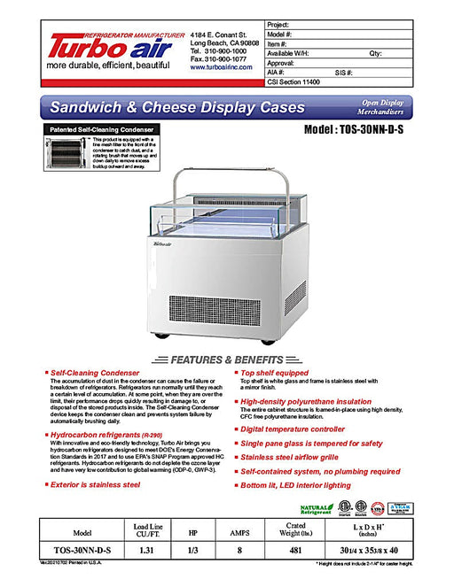Turbo Air TOS-30NN-D-S 30 1/4" Stainless Steel Horizontal Open Display Merchandiser / Air Curtain Sandwich and Cheese Display Case – 1 Level with Top Shelf, 115v - Donut-Equipment.com