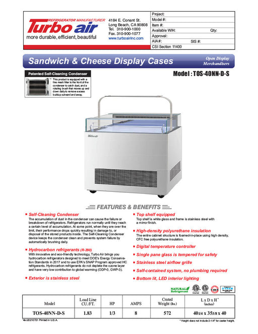 Turbo Air TOS-40NN-D-S 40 1/4" Stainless Steel Horizontal Open Display Merchandiser / Air Curtain Sandwich and Cheese Display Case – 1 Level with Top Shelf, 115v - Bakery Wholesalers