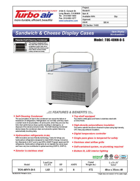 Turbo Air TOS-40NN-D-S 40 1/4" Stainless Steel Horizontal Open Display Merchandiser / Air Curtain Sandwich and Cheese Display Case – 1 Level with Top Shelf, 115v - Bakery Wholesalers