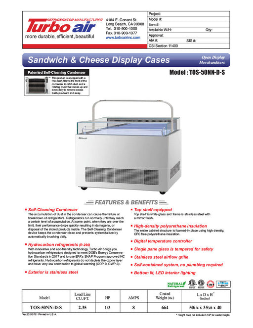 Turbo Air TOS-50NN-D-S 50 1/4" Stainless Steel Horizontal Open Display Merchandiser / Air Curtain Sandwich and Cheese Display Case – 1 Level with Top Shelf, 115v - Bakery Wholesalers