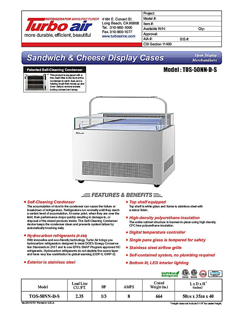 Turbo Air TOS-50NN-D-S 50 1/4" Stainless Steel Horizontal Open Display Merchandiser / Air Curtain Sandwich and Cheese Display Case – 1 Level with Top Shelf, 115v - Donut-Equipment.com