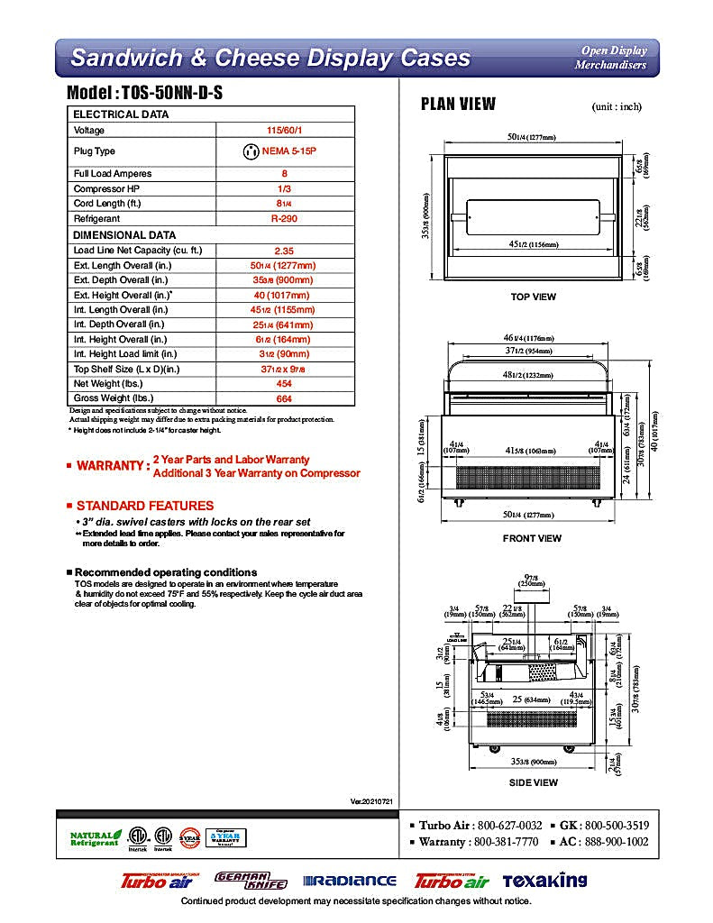 Turbo Air TOS-50NN-D-S 50 1/4" Stainless Steel Horizontal Open Display Merchandiser / Air Curtain Sandwich and Cheese Display Case – 1 Level with Top Shelf, 115v - Donut-Equipment.com