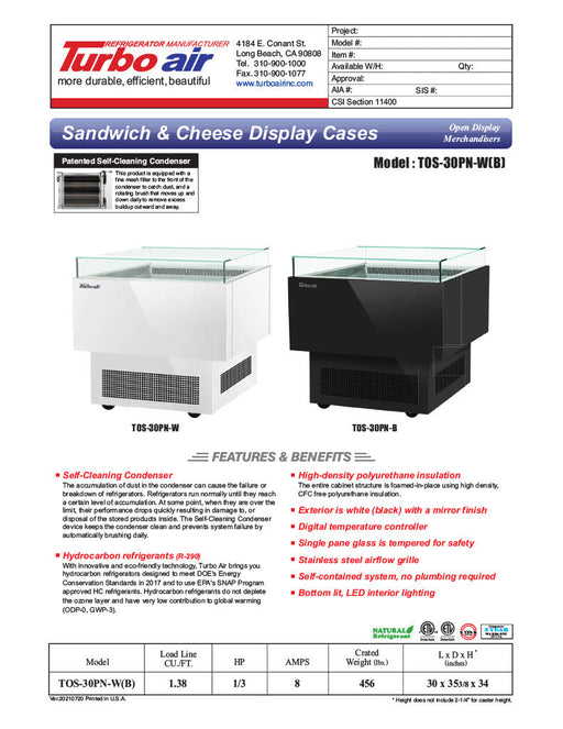 Turbo Air TOS-30PN-B 30" Black Horizontal Open Display Merchandiser / Air Curtain Sandwich and Cheese Display Case – 1 Level, 115v - Bakery Wholesalers