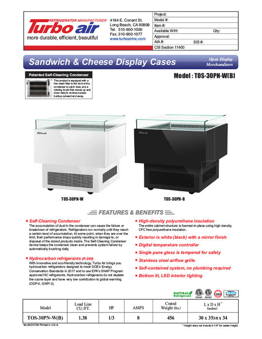 Turbo Air TOS-30PN-B 30" Black Horizontal Open Display Merchandiser / Air Curtain Sandwich and Cheese Display Case – 1 Level, 115v - Bakery Wholesalers