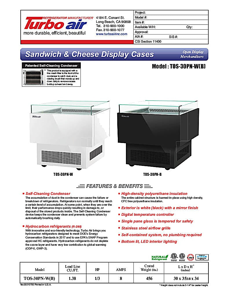 Turbo Air TOS-30PN-W 30" White Horizontal Open Display Merchandiser / Air Curtain Sandwich and Cheese Display Case – 1 Level, 115v - Donut-Equipment.com