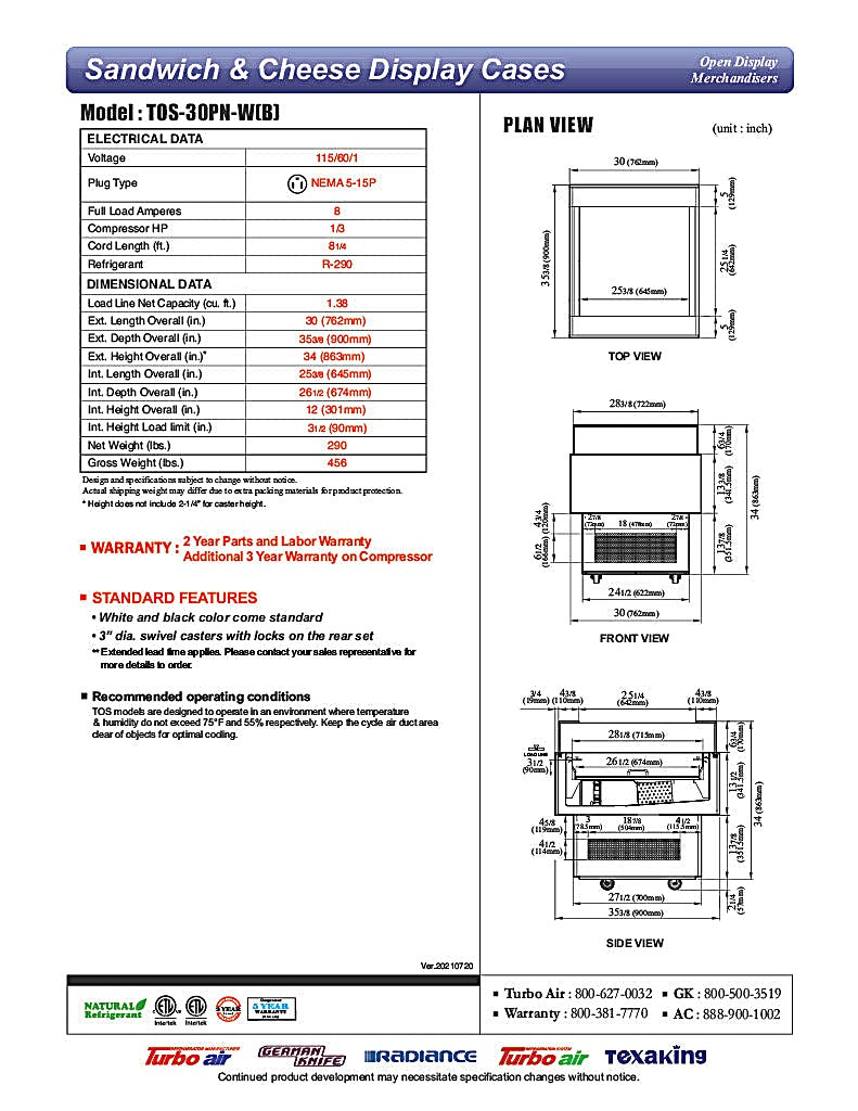 Turbo Air TOS-30PN-W 30" White Horizontal Open Display Merchandiser / Air Curtain Sandwich and Cheese Display Case – 1 Level, 115v - Donut-Equipment.com