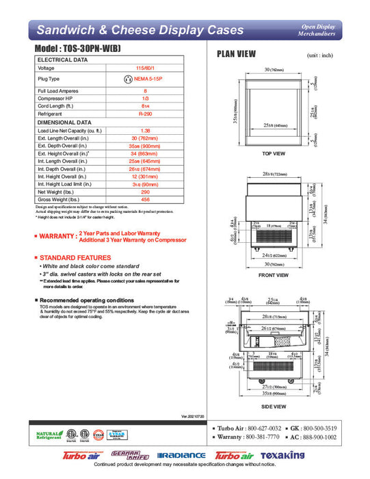 Turbo Air TOS-30PN-W 30" White Horizontal Open Display Merchandiser / Air Curtain Sandwich and Cheese Display Case – 1 Level, 115v - Bakery Wholesalers