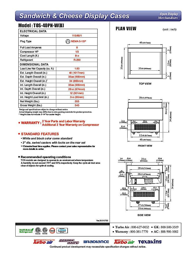 Turbo Air TOS-40PN-W 40" White Horizontal Open Display Merchandiser / Air Curtain Sandwich and Cheese Display Case – 1 Level, 115v - Donut-Equipment.com