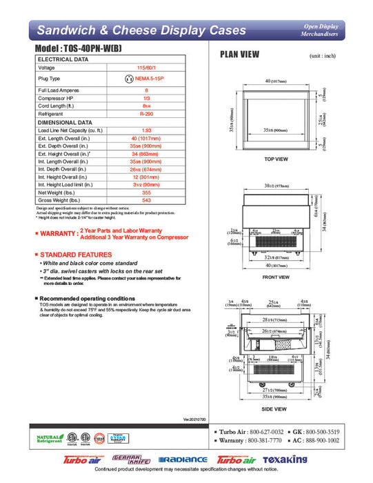 Turbo Air TOS-40PN-B 40" Black Horizontal Open Display Merchandiser / Air Curtain Sandwich and Cheese Display Case – 1 Level, 115v - Bakery Wholesalers