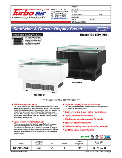 Turbo Air TOS-50PN-B 50" Black Horizontal Open Display Merchandiser / Air Curtain Sandwich and Cheese Display Case – 1 Level, 115v - Bakery Wholesalers