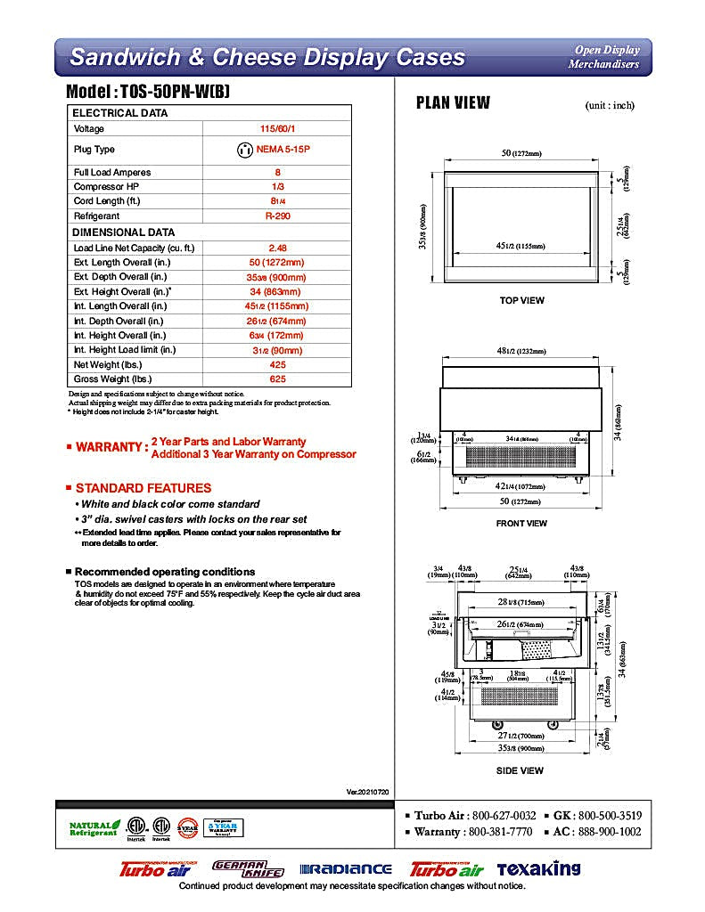 Turbo Air TOS-50PN-W 50" White Horizontal Open Display Merchandiser / Air Curtain Sandwich and Cheese Display Case – 1 Level, 115v - Donut-Equipment.com