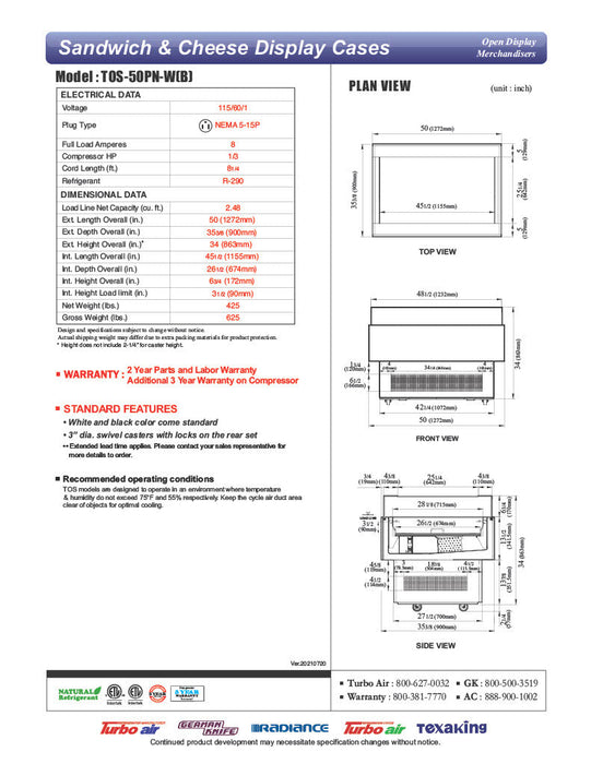 Turbo Air TOS-50PN-W 50" White Horizontal Open Display Merchandiser / Air Curtain Sandwich and Cheese Display Case – 1 Level, 115v - Bakery Wholesalers